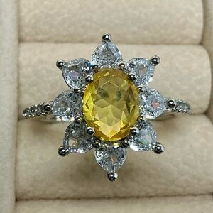Sterling Silver Canary Yellow Sunflower Cz Diamond Ring